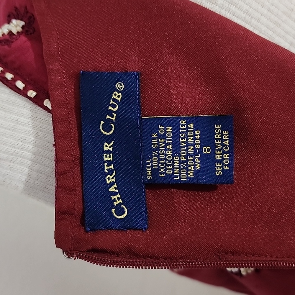 Charter Club Dress 100% Silk Embroidered And Beaded Flowers And Trim Red Size 8 - Picture 14 of 16